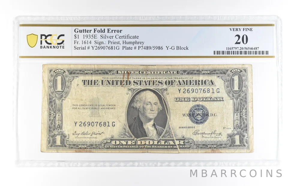 1935 E $1 Silver Certificate Gutter Fold Error Fr#1614 Very Fine 30 PCGS *5812