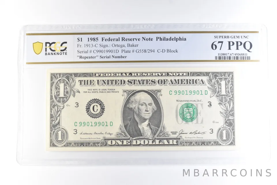 1985 $1 Philadelphia FRN Fr#1913-C Repeater Serial Superb Unc 67 PPQ PCGS *6092