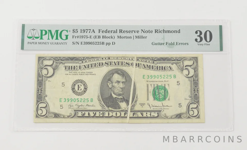 VF30 1977-A $5 FRN Richmond - FR#1975-E Gutter Fold Errors - PMG *6585