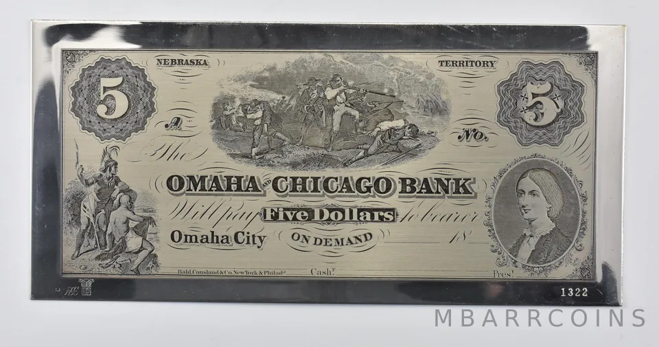 $5 Omaha & Chicago Bank Omaha City NE Note 148.8g Sterling Silver Bar *6566