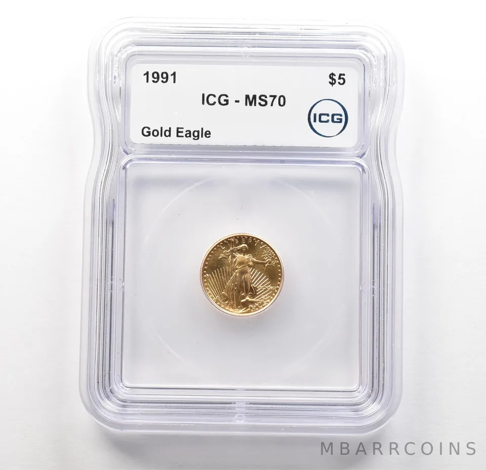 1991 $5 American Gold Eagle 1/10 Oz Gold MS70 ICG