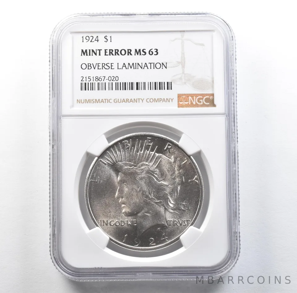 1924 Peace Silver Dollar Mint Error Obverse Lamination MS63 NGC *3116