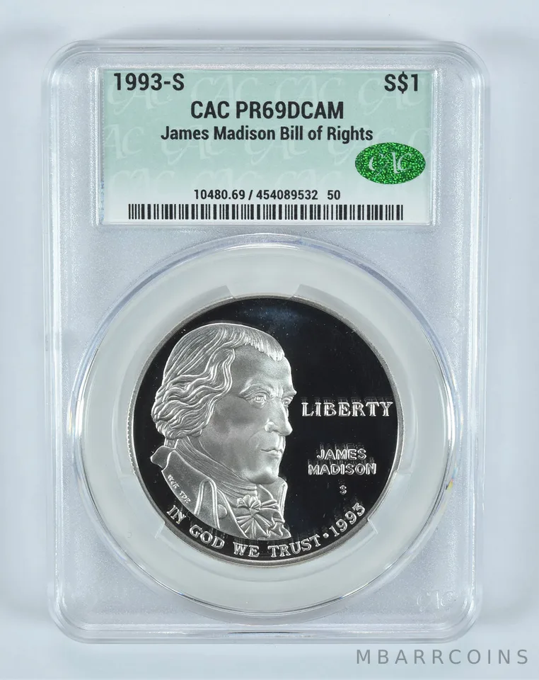 1993-S Madison Bill Of Rights Commemorative Silver Dollar PR69 DCAM CAC CACg