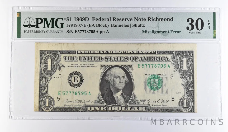1969 D $1 Richmond VA FRN Misalign Error Fr#1907 VF 30 EPQ PMG *9498
