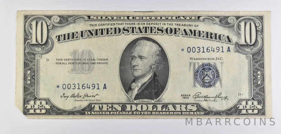 1953 Star Note $10 Silver Certificate Blue Seal a6492