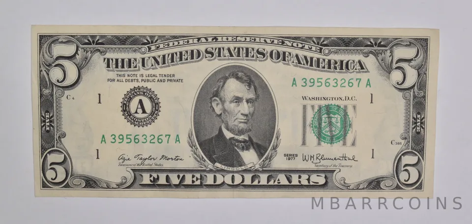 1977 $5 Boston, MA United States FRN Green Seal OFFSET REV ERROR a5431