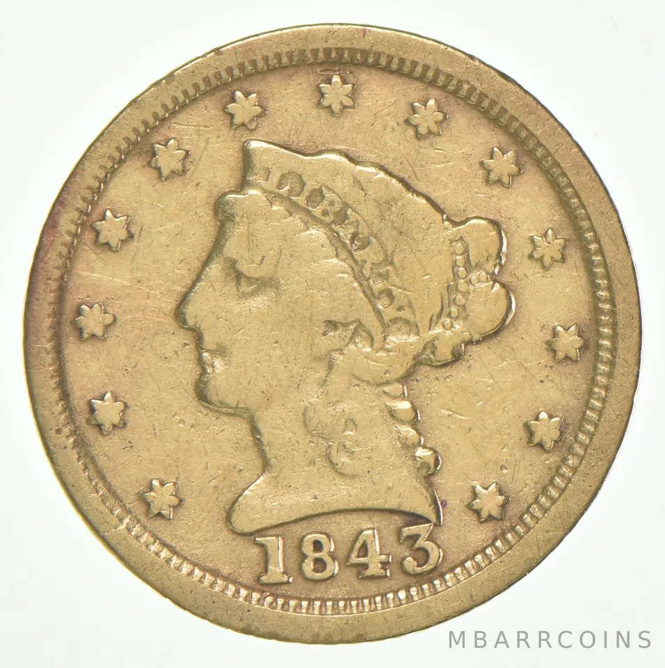 1843-C $2.50 Liberty Head Gold Quarter Eagle Large C No Motto *6451