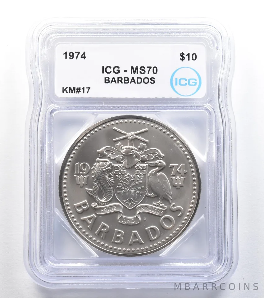 1974 Barbados 10 Dollars Silver KM#17 MS70 ICG *8001