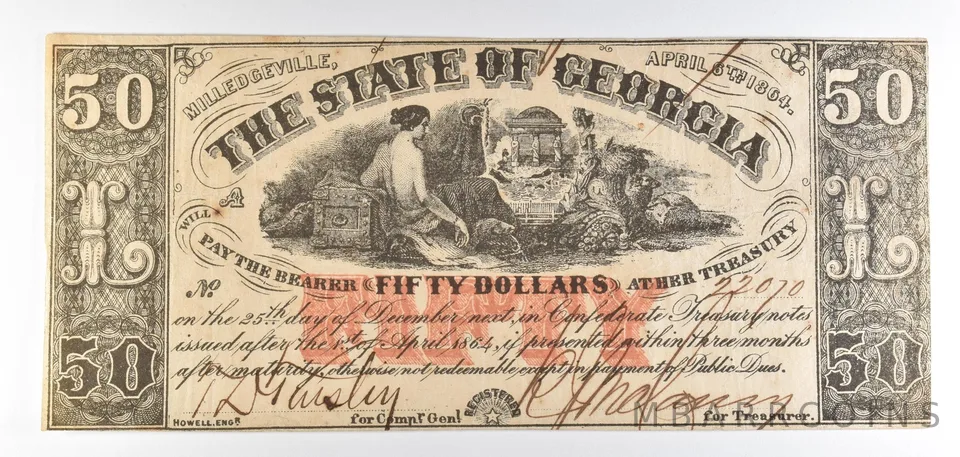 1864 $50 Milledgeville GA Obsolete Note *8807