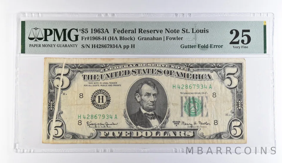 1963 A St Louis MO FRN Gutter Fold Error Fr#1968-H VF 25 PMG *9448