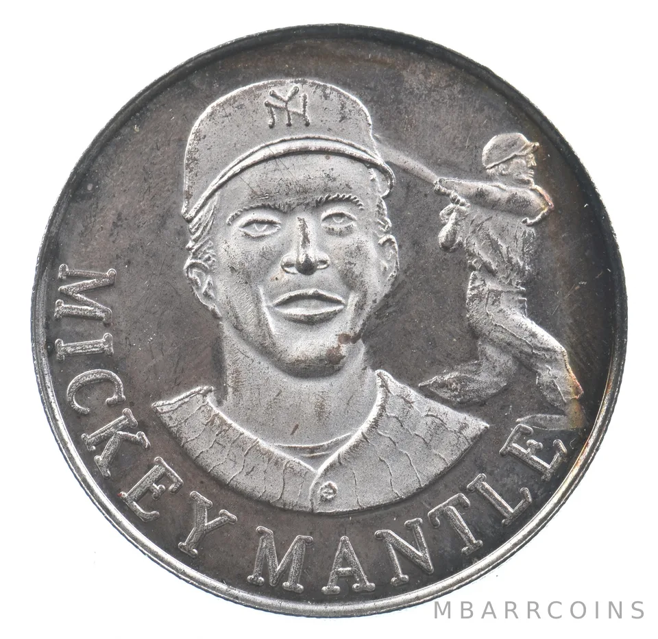 VINTAGE Art Bar/Round Mickey Mantle New York Yankees 1 Oz. Silver 1 T Ounce *206