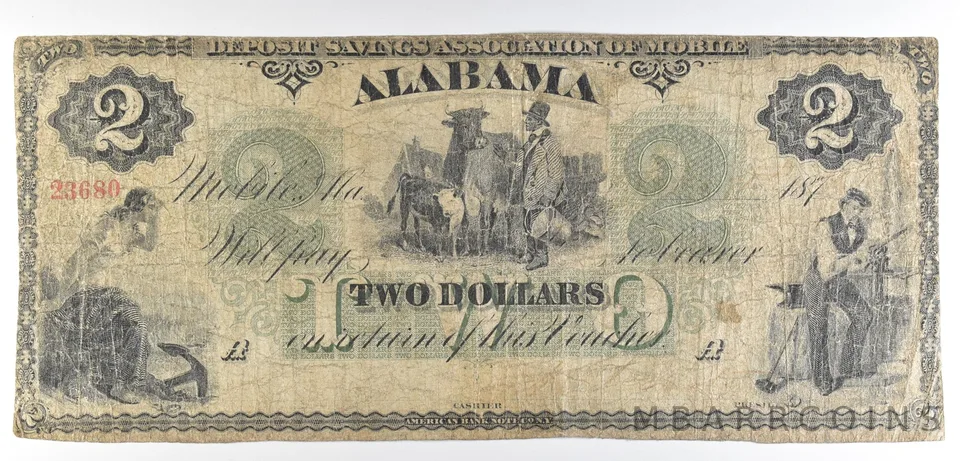 1870s $2 Alabama Deposit Savings Association Of Mobile Obsolete Note *8637