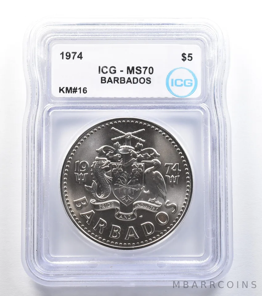 1974 Barbados 5 Dollars Silver KM#16 MS70 ICG a8005
