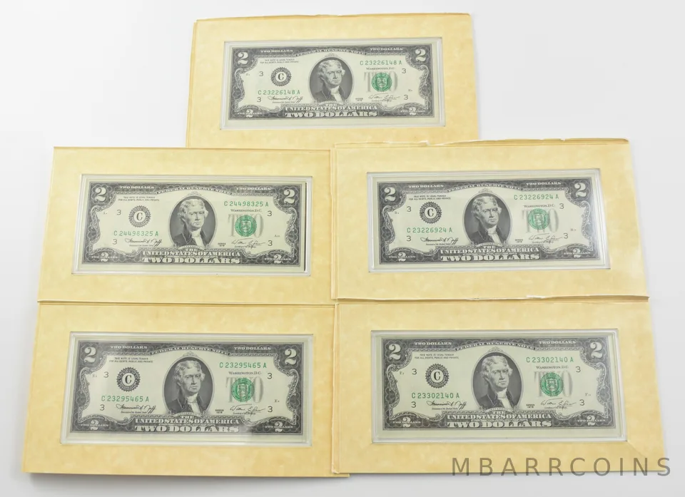 Lot (5) 1976 $2 FRN Unc Notes from Jefferson Coin and Currency Set