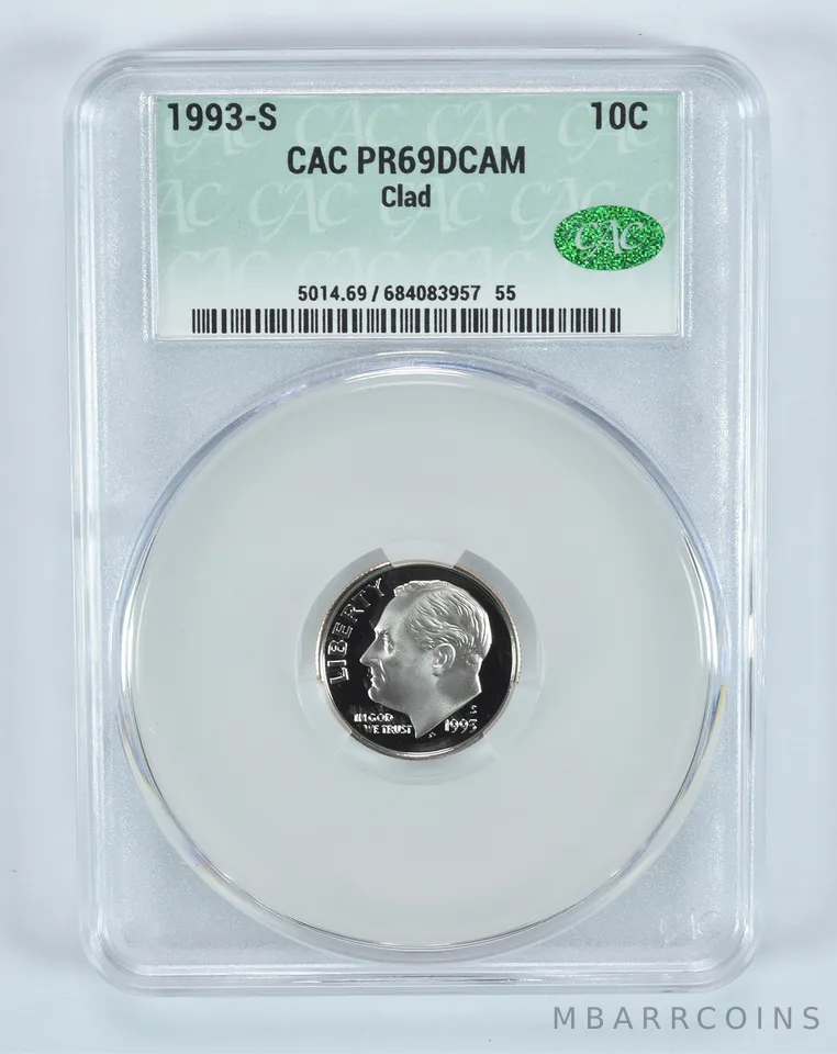 1993-S Roosevelt Dime CLAD PR69 DCAM CAC CACg