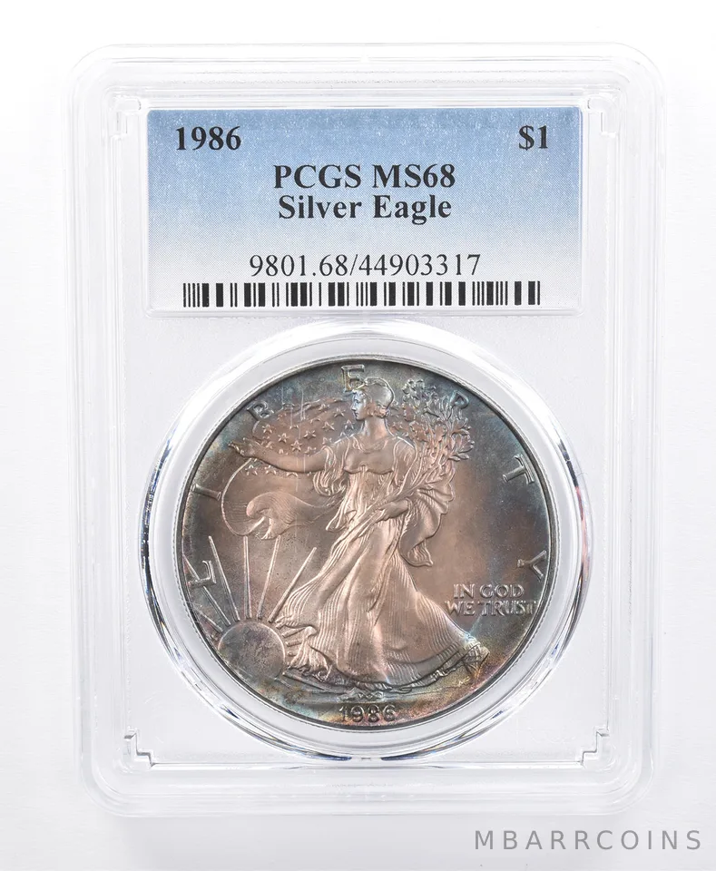 1986 American Silver Eagle MS68 PCGS Purple/Blue Tone *8669
