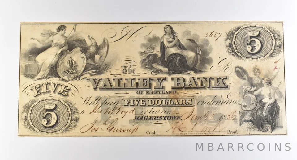 1856 $5 Hagerstown MD Valley Bank Obsolete Note *3822