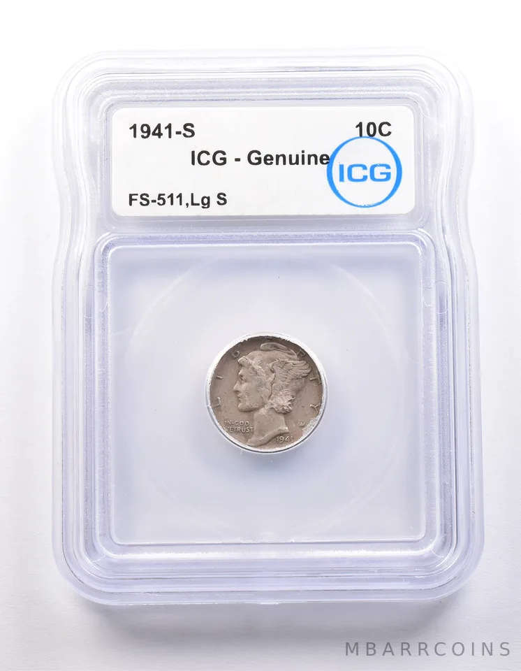 1941-S Mercury Dime FS-511 Large S Genuine ICG *9864