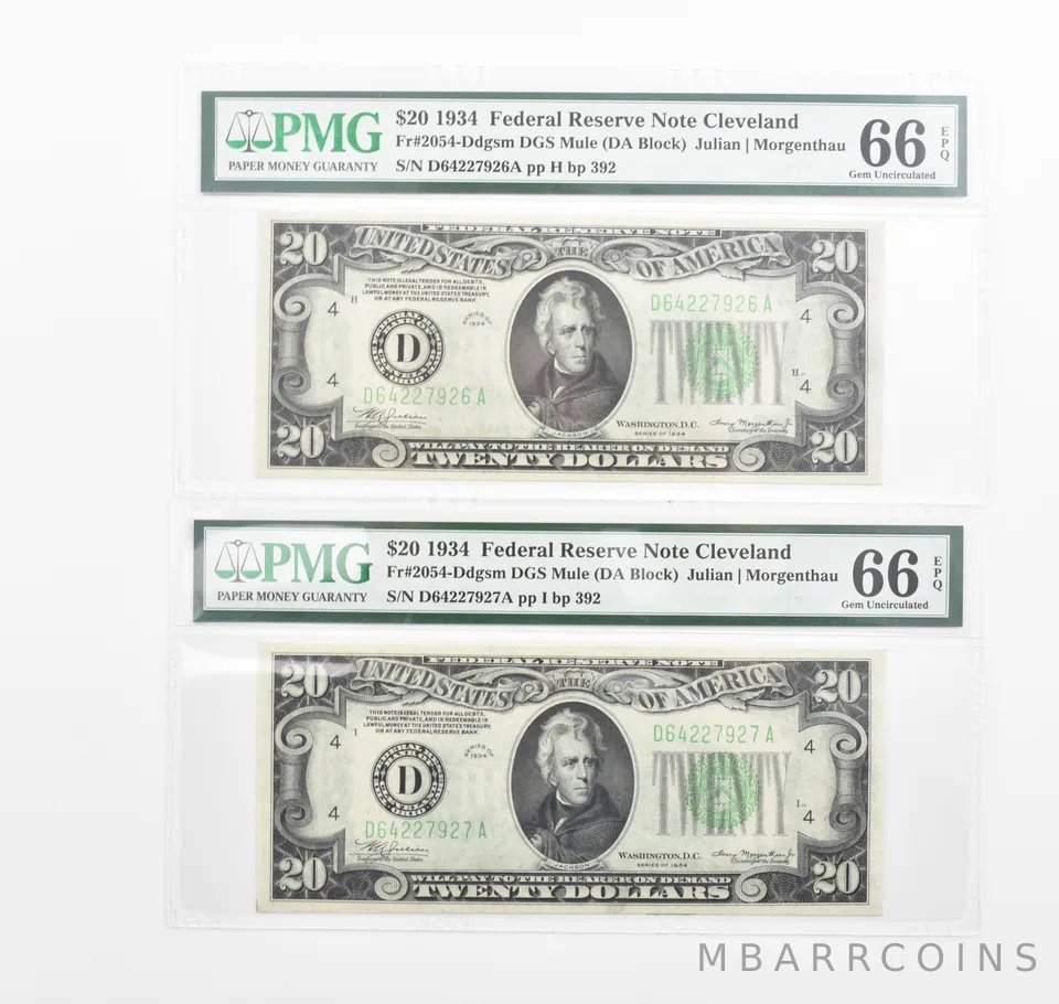 Lot (2) PMG 66 EPQ 1934 $20 FRN Consecutive Notes Fr#2054-Ddgsm *1150