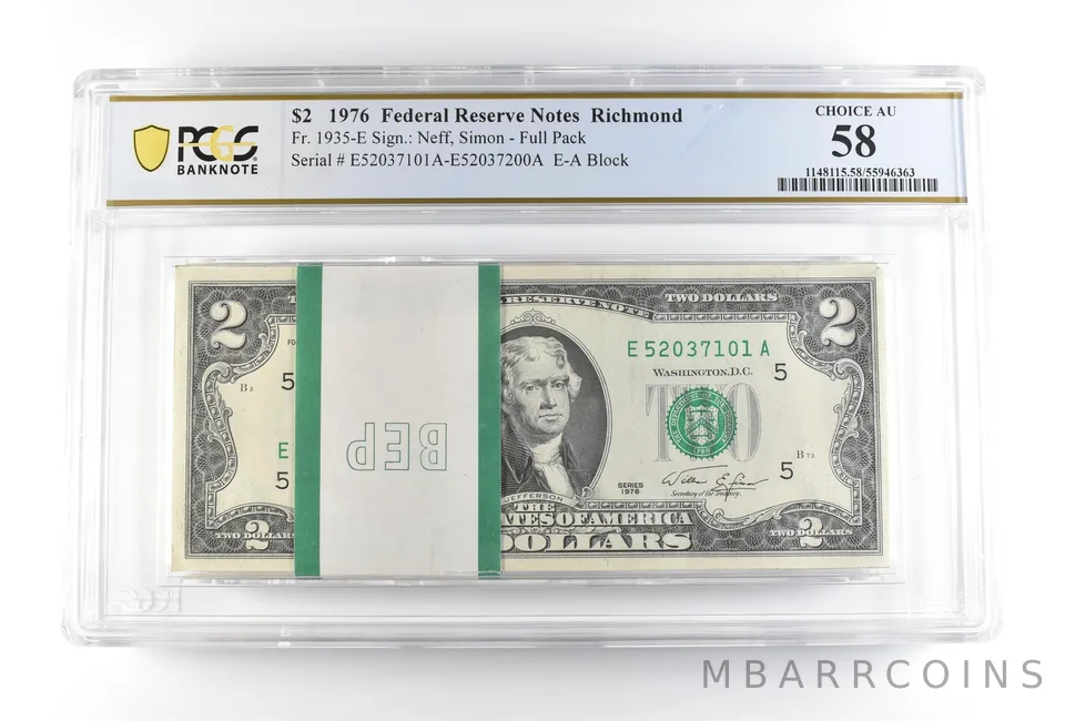 1976 $2 Richmond VA FRN Full Pack Fr#1935-E Choice AU 58 PCGS *2509