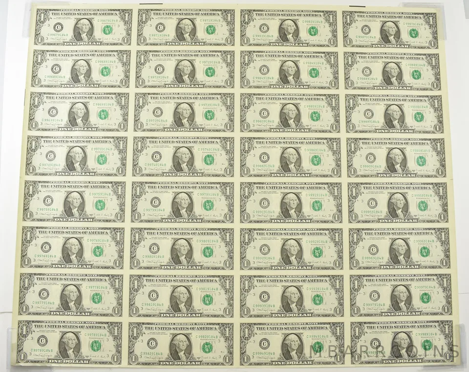 (32) 1988-A $1 Philadelphia, PA US Fed Reserve Note Green Seal Uncut Sheet a6294