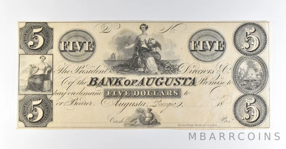 1800s $5 Georgia Bank Of Augusta Obsolete Note *8220
