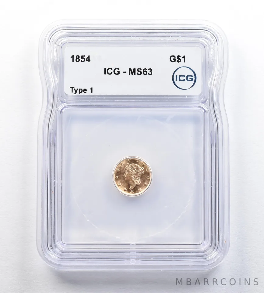 1854 $1 Liberty Head Gold Dollar Piece Type 1 MS63 ICG *0386