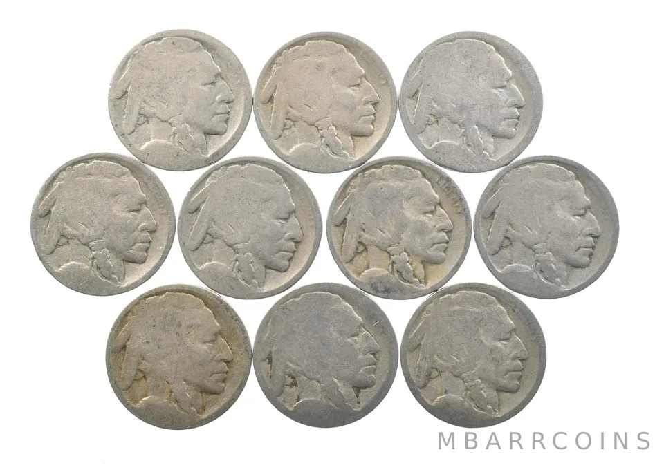 Lot 10 5c RAISED GROUND 1913 Buffalo Nickels First Year Issue! May be P/D/S *635