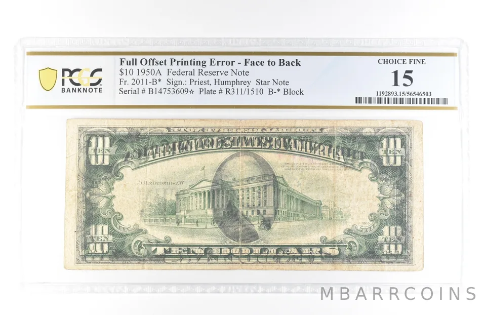 1950 A $10 15 FRN Star Full Offset Print Error Face/Back Fr#2011-B* PCGS *5797