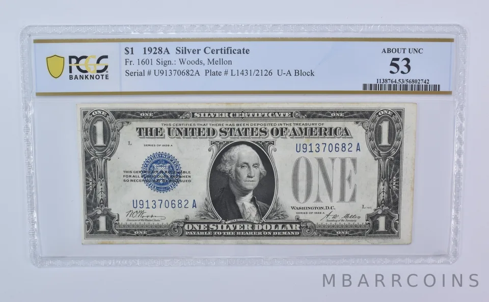 1928 A $1 Silver Certificate Fr#1601 About Unc 53 PCGS *8116