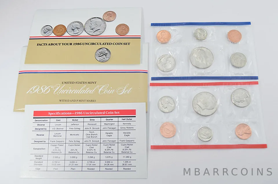 1986 Mint Set with Original Envelope & Flatpacks (10 coins)