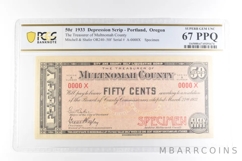 1933 50 Cent Scrip Portland OR Multnomah County Superb Gem Unc 67 PPQ PCGS a2093