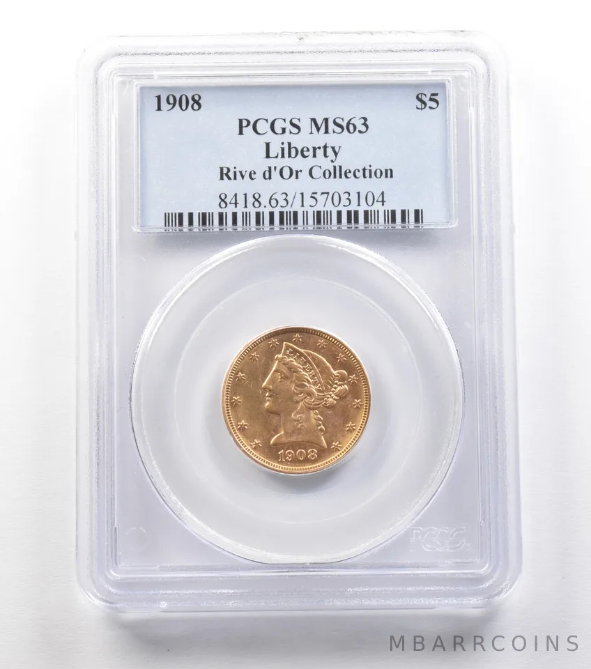 1908 $5 Liberty Head Gold Half Eagle Rive d'Or Collection MS63 PCGS a1548