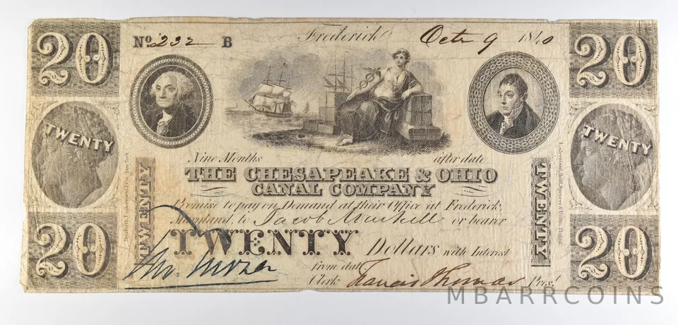 1840 $20 Frederick MD Chesapeake & Ohio Canal Company Obsolete Note *8504