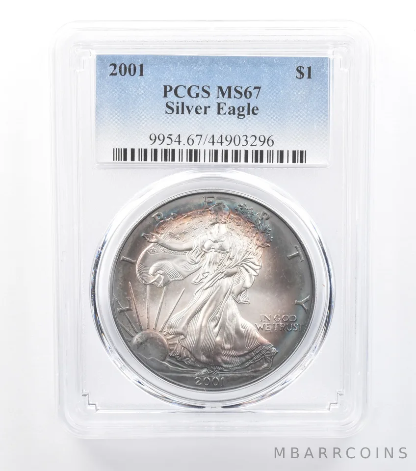 2001 American Silver Eagle MS67 PCGS Blue Tone *7728
