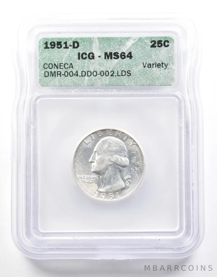 1951-D Washington Quarter Coneca Variety DMR-004 DDO-002 LDS MS64 ICG *2111