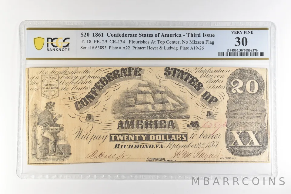 1861 $20 Confederate States America T-18 PF-29 CR-134 Very Fine 30 PCGS *4464