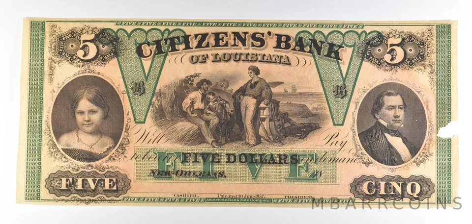 1800s $5 New Orleans LA Citizens Bank Obsolete Note *8840
