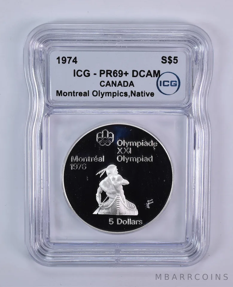 1974 Canada 5 Dollars Silver Montreal Olympics Native Canoe PR69+ DCAM ICG