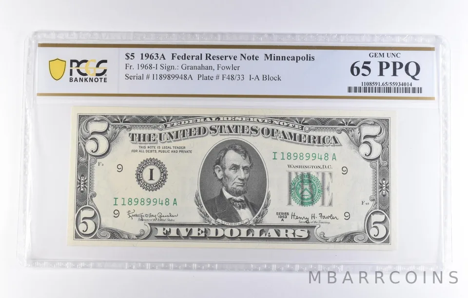 1963 A $5 Minneapolis MN FRN Fr#1968-I Gem Unc 65 PPQ PCGS *8294