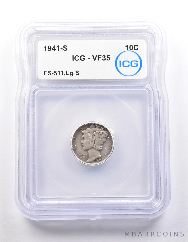 1941-S Mercury Dime FS-511 Large S VF35 ICG *9878