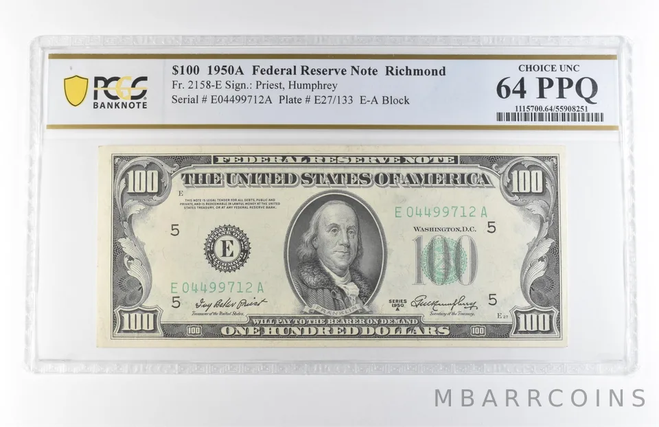 1950 A $100 Richmond VA FRN Fr#2158-E Choice Unc 64 PPQ PCGS *7872