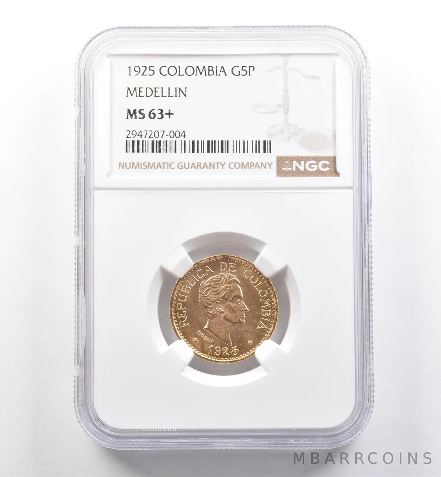 1925 Colombia 5 Pesos Gold Medellin MS63+ NGC *6047
