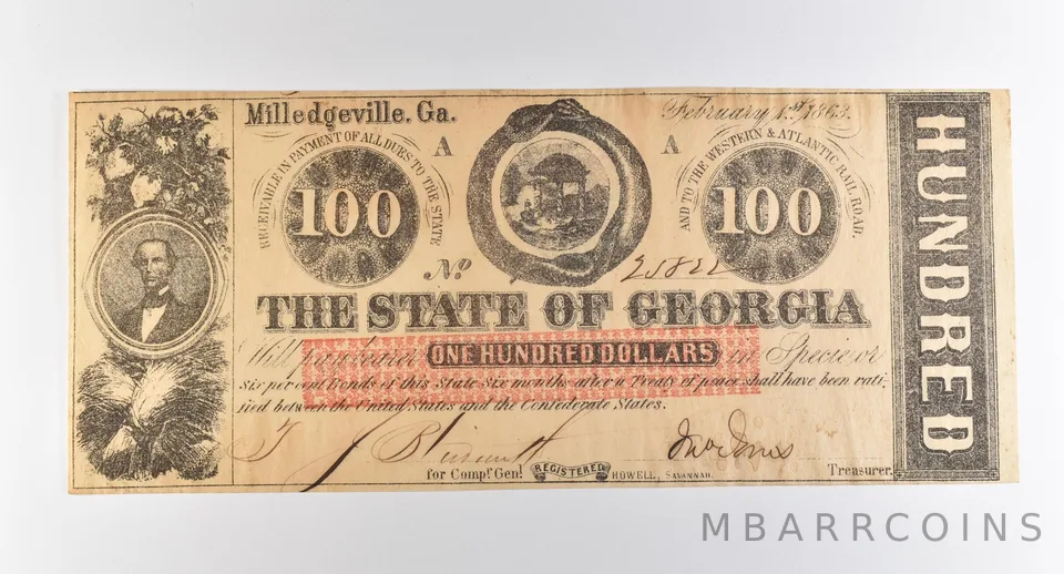 1863 $100 Milledgeville GA State Of Georgia Obsolete Note *3801