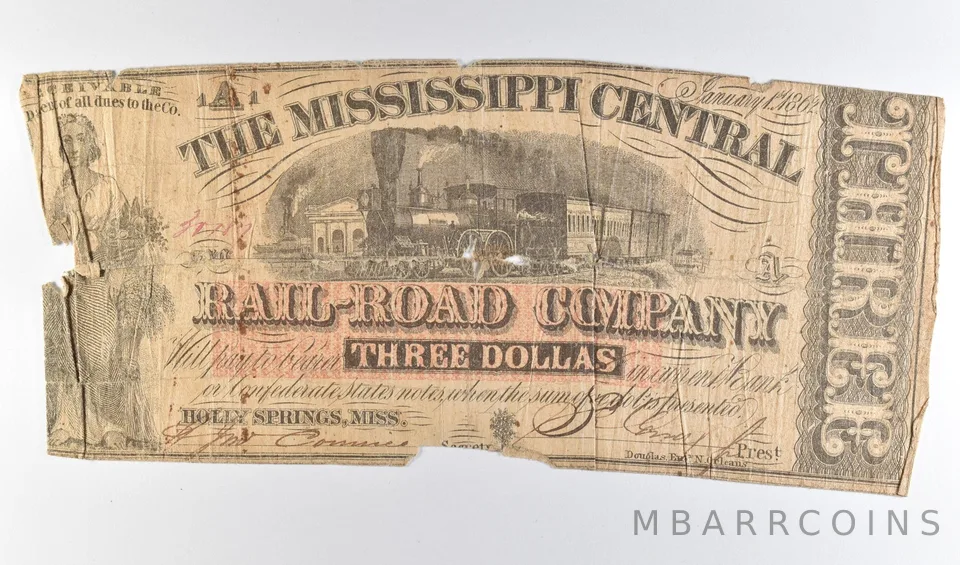 1862 $3 Holly Springs MS Mississippi Central Railroad Company Obsolete *8667