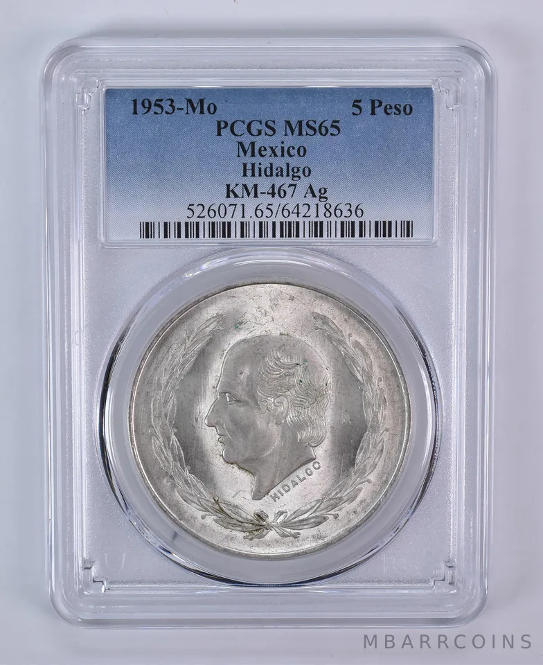 1953 Mo Mexico 5 Pesos Silver Hidalgo KM-467 MS65 PCGS Blue Label
