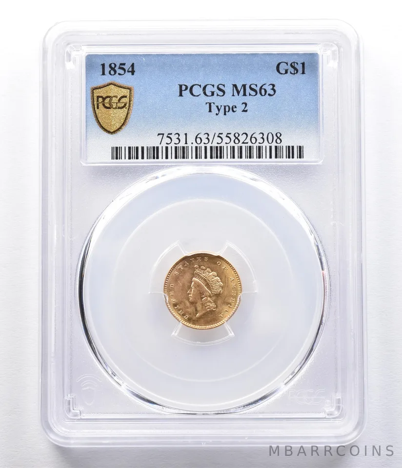 1854 $1 Indian Princess Head Gold Dollar Piece Type 2 MS63 PCGS *2330