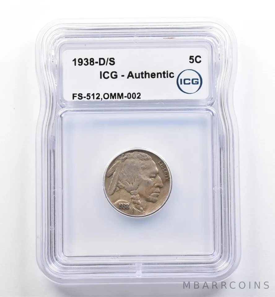 1938-D/S Indian Head Buffalo Nickel FS-512 OMM-002 Authentic ICG *9043