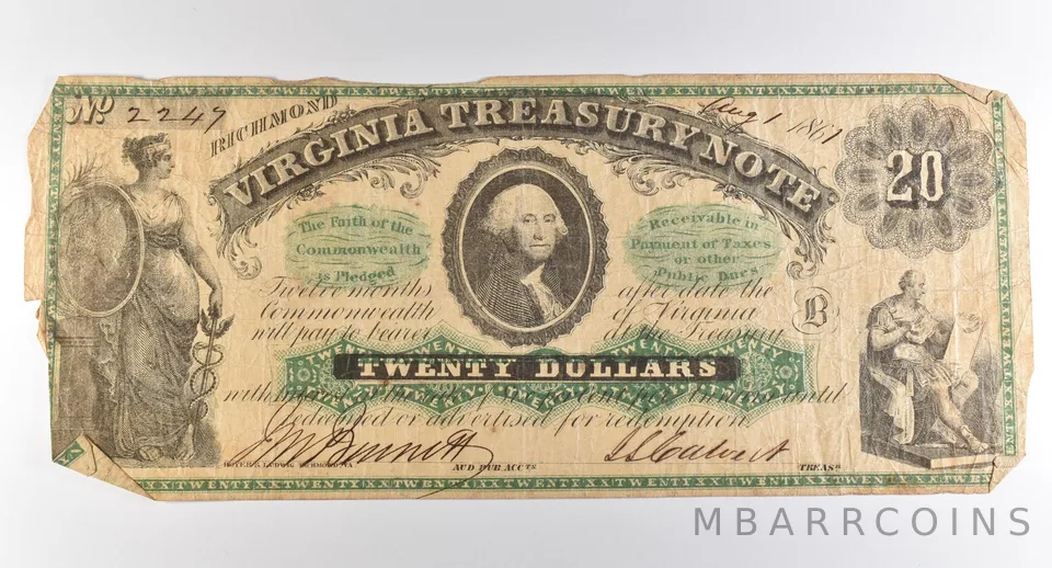 1861 $20 Virginia Treasury Note Obsolete Note *3863