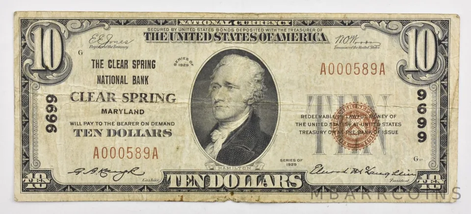 1929 $10 Clear Spring, MD US National Currency Note Brown Seal 9699 *1915